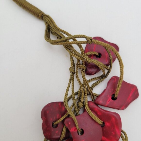 VTG Necklace Chunky Red Coral Natural Fringe Twine Cord Boho Statement Artisian - Picture 3 of 7